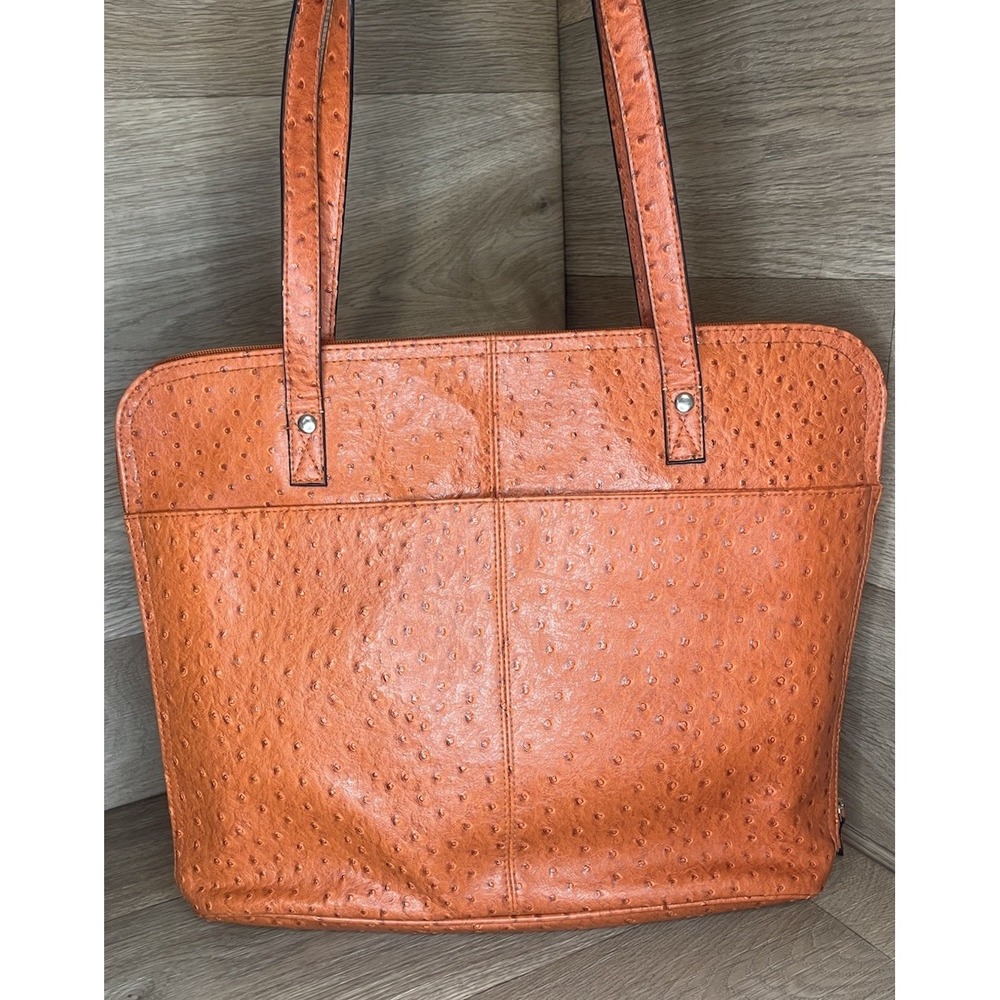 BUENO Faux Ostrich‎ Tote Laptop Handbag, Zip Closure, Orange